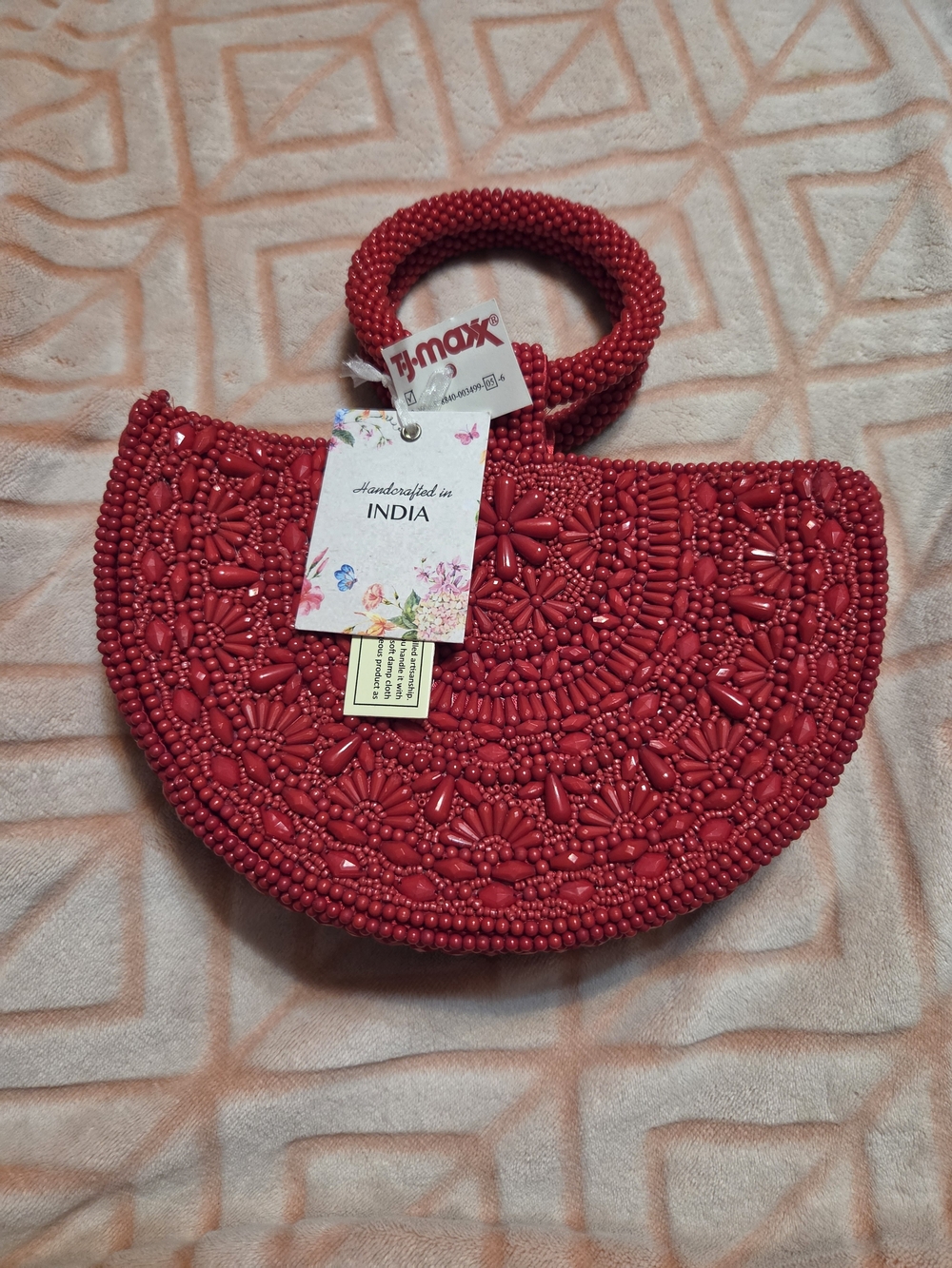 T.J.Maxx Red Beaded Half-Moon Clutch with Circular Handle